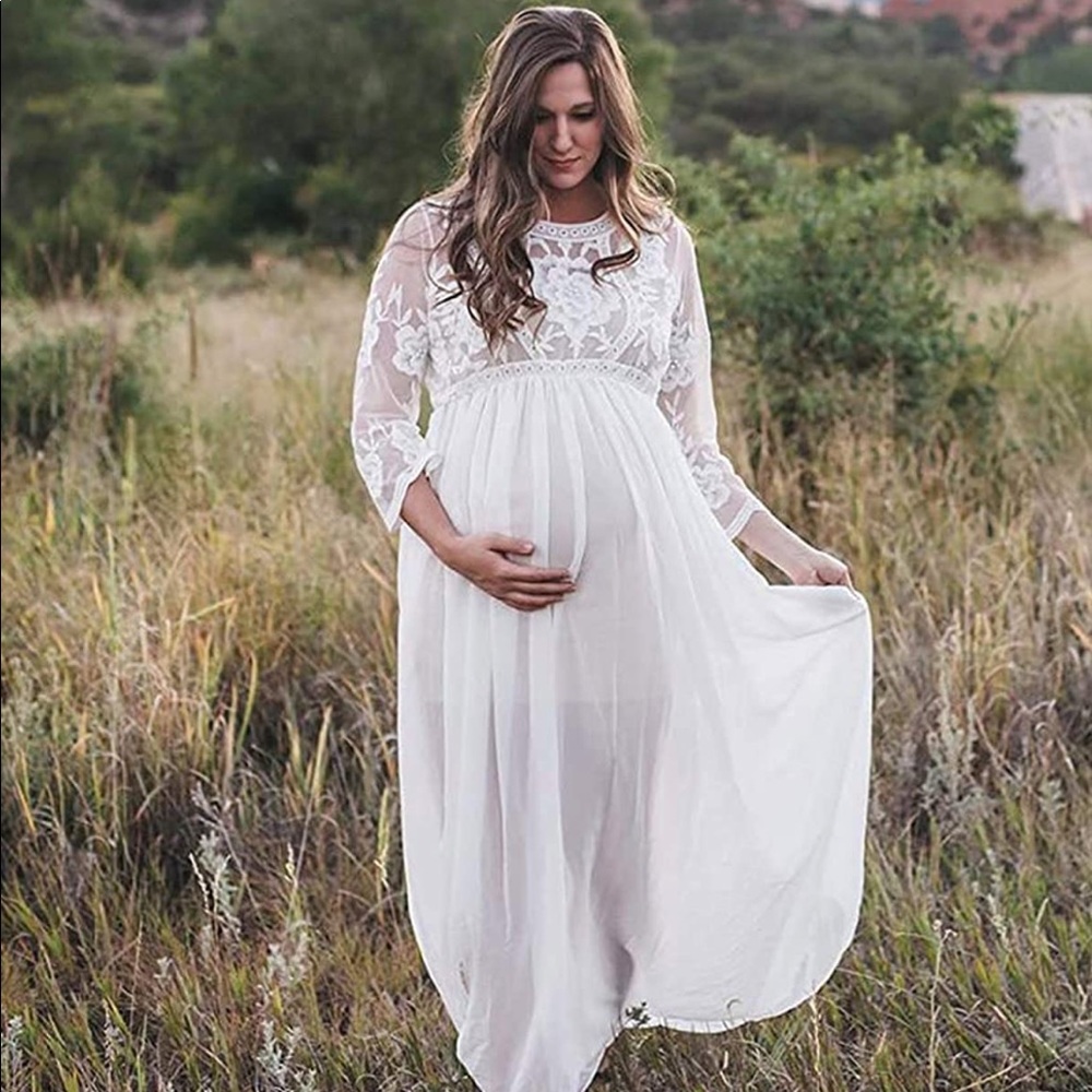 Long Sleeve Neck White Lace Chiffon Floral Gown Maxi